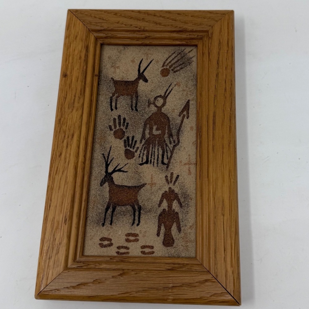 D. Johnson Signed Southwestern Sand Art Framed Petroglyph Hunter Deer 7.5x4.25